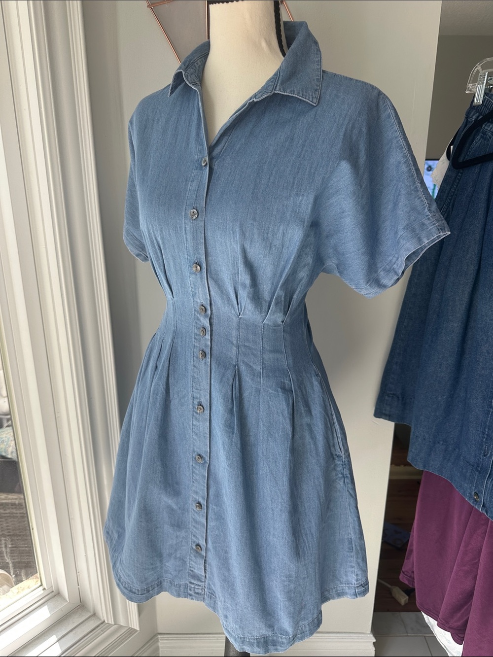 BEACHLUNCHLOUNGE Blue Denim Jean Button-Front Shirt Dress Pintucked Size Small